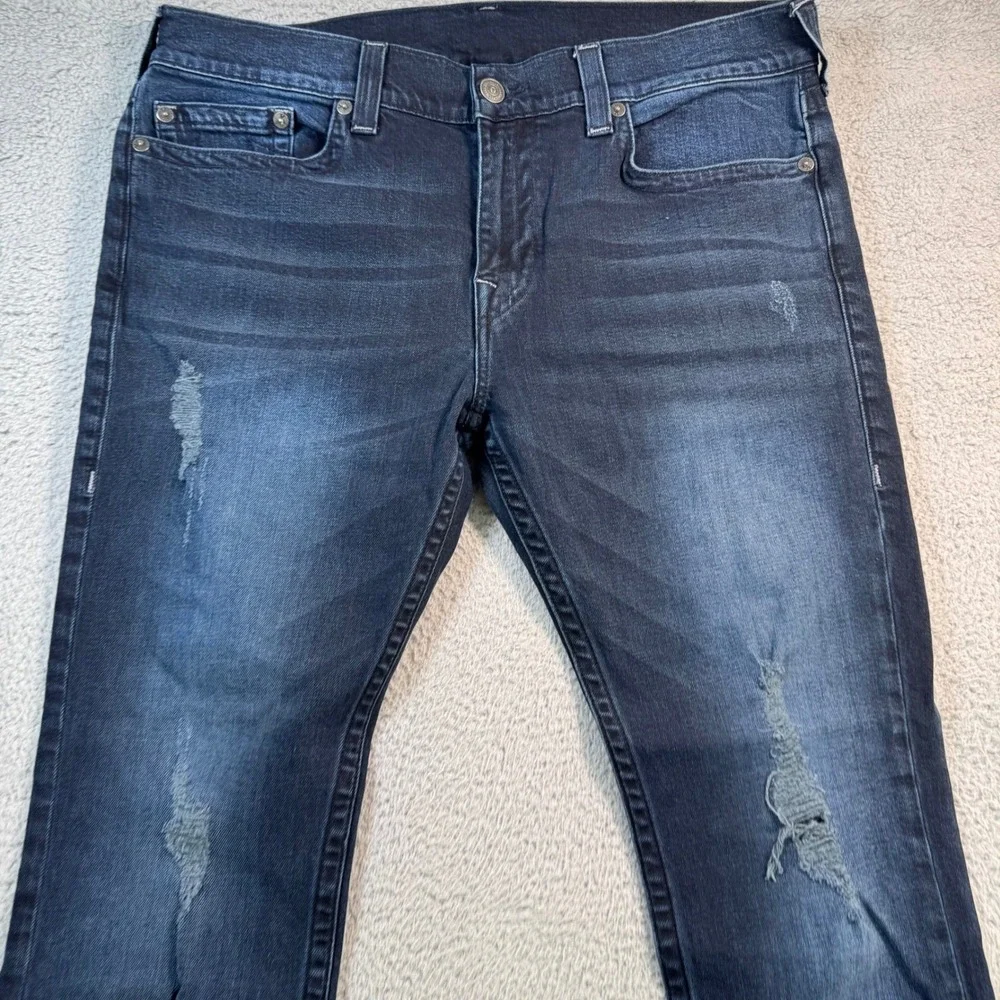 True Religion Rocco Relaxed Skinny Jeans Mens 38 Dark Wash Distressed Denim Blue